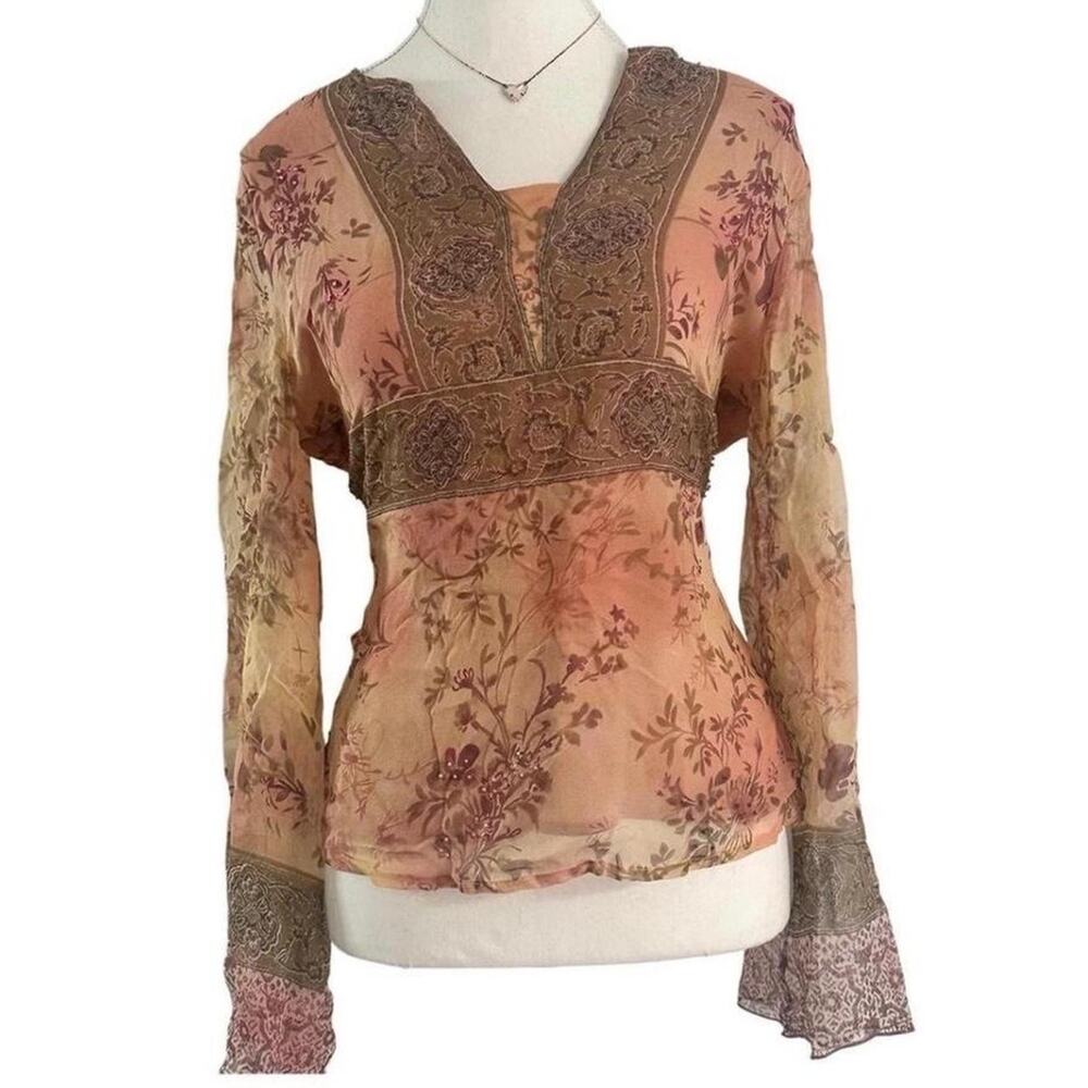 New York City Design Co 100% Silk Boho Fairy cottage core long sleeve top size M